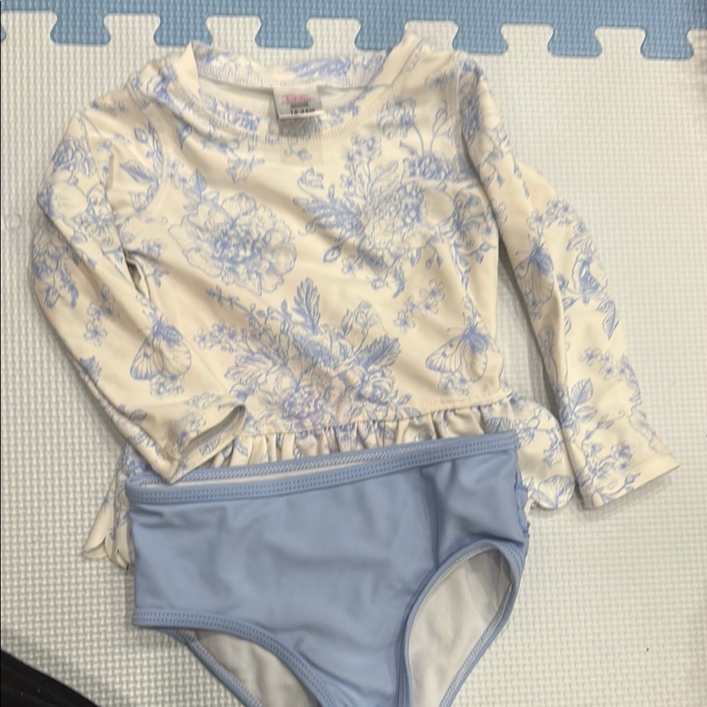 Ruffle Butts - Floral Blue and Cream Kids Swim Set 18-24 months